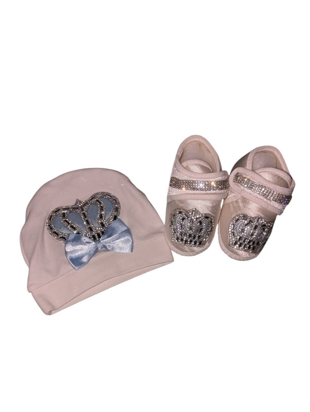 Baby Crown Beanie and Shoes Set in Rhinestones with Blue Accent